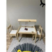 Resim Evci Wood Montessori Ahşap Çocuk Oyun ve Aktivite Masa Sandalye Seti Yaz-Sil Yüzey ve Sandıklı 