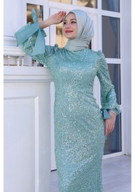 Resim Raika Moda Parıltılı Kol Detaylı Şimal Tesettür Büyük Abiye Mint 