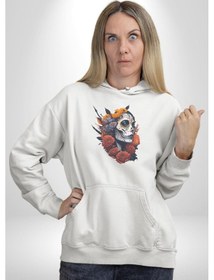 Resim Maske Dövmeli Çiçekli Kız Kadın Erkek Beyaz Kapüşonlu Sweatshirt Hoodie Beyaz 