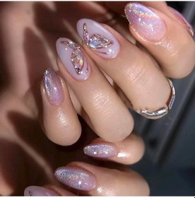 Resim 24 Adet Kısa Badem Şeklinde Altın Kelebek Tırnak Uçlu Takma Tırnaklar, Basit Mor Tırnak Sanatı. Yeniden Kullanılabilir Yapay Tırnaklar 