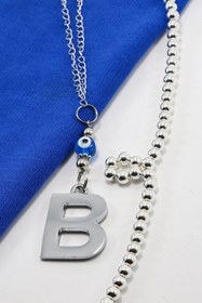 Resim biuti El Yapımı Lacivert Cam Nazar Boncuklu Gümüş Renkli Metal B Harfi Dikiz Ayna Süsü 