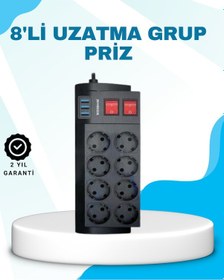 Resim Isıya Dayanıklı Termal Akım Korumalı 8'li Priz Ve 3 Usb Girişli Uzatma Kablosu 