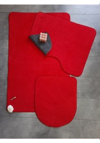 Resim Ultrasoft Düz Kırmızı 3 Lü Banyo Halısı Paspası Seti Kaymaz Deri Kırmızı 