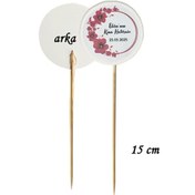 Resim 15 Cm Uzun Kürdan - 20 Adet Kişiye Özel Yuvarlak Bayraklı Kına Hatırası Pasta Kürdanı -4 