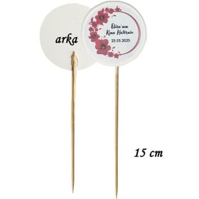 Resim 15 Cm Uzun Kürdan - 20 Adet Kişiye Özel Yuvarlak Bayraklı Kına Hatırası Pasta Kürdanı -4 