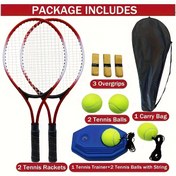 Resim 1 Set Yetişkin Başlangıç ​​Tenis Çubuğu ve Top Eğitimi Seti Otomatik Geri Tepici ile - 2 Çubuk, 3 Overgrip, 2 Tenis Topu, 1 Taşıma Çantası, Tenis Eğitimi Ekipmanı|Ergonomik Tutma|Dayanıklı İnşaat, Tenis Aksesuarları içerir 