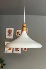 Resim 45 Cm Çap Champion Xl Beyaz Kalın Ahşap Boncuk Avize Tekli Sarkıt Lamba Restoran Salon Mutfak Avize Beyaz 