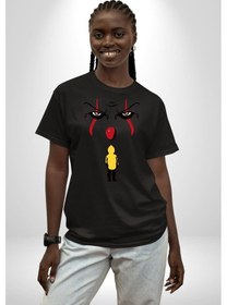 Resim Pennywise Vs Georgie Korku Filmi Pamuklu Bisiklet Yaka Unisex Oversize Boyfriend Dijital Baskılı Siyah T-shirt Siyah 