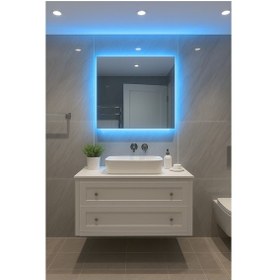 Resim Digital Hayat Mavi Led Işıklı Kare Ayna Dekoratif Banyo Makyaj Aynası 50cm - 80cm Mavi 