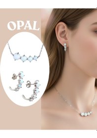 Resim Luna Luster 925 Ayar Gümüş Beyaz Opal Doğal Taşlı Kolye Küpe Kadın Set Sevgililer Günü Hediye Beyaz 