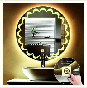 Resim Dnr-Mirror90 Cm Günışığı Ledli Tasarım Kumlamalı Dokunmatik Tuşlu Banyo Aynası Makyaj Aynası Işıklı Ayna 