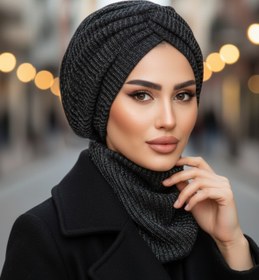 Resim Aişe tesettür Siyah Gümüş Kışlık Burgu Bone Ve Etol Takım 