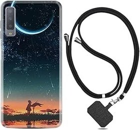 Resim kilifland Samsung Galaxy A7 2018 ile Uyumlu Kılıf Silikon Desen Boyun Askılı Ay Ve Kız 1720 
