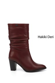 Resim GÖNDERİ(R) Kadın Bordo Antik Sivri Burun Körüklü Kalın Topuklu Hakiki Deri Çizme 