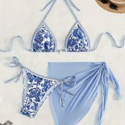 Resim Kadınlar İçin Seksi Tek Parça Mayo - Halter Boyunlu, Yan Bağlamalı Etekli Çiçek Desenli Bikini, Şeffaf Olmayan Plaj ve Havuz Kıyafeti, Makinede Yıkanabilir Yüzme Elbisesi, Dekoratif Askılı Tatil ve Havuz Giysisi 