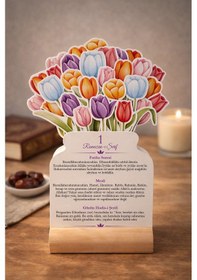 Resim Laleli Ramazan-ı Şerif Takvimi Her Güne Ayet-meal & Hadis İçerikli, Ahşap Standlı Ramazan Hediye 