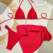 Resim Dokulu 3 Parça Bikini Takımı, Üçgen Askılı Yüksek Kesim & Etekli Mayo, Kadın Mayo ve Giyim 