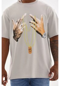 Resim Yake Store Unisex Baskılı Oversize T-shirt - Gri - Gri Beyaz 