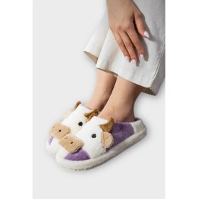 Resim Liger Inek Figürlü Nakışlı Kaydırmaz Taban Kışlık Unisex Ev Terliği Beyaz-Mor 