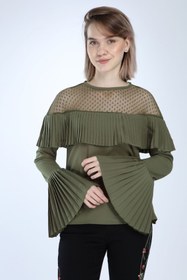 Resim sharin Kadın Haki Fırfırlı Puantiyeli Bluz 13c-1022 