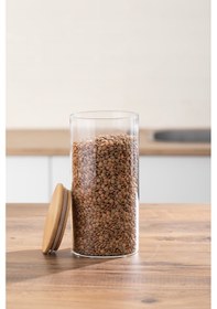 Resim Porsima 3-4 Bambu Vakumlu Kapaklı Yuvarlak Cam 12li Kavanoz Seti Saklama Kabı 1650ml 10x25cm 