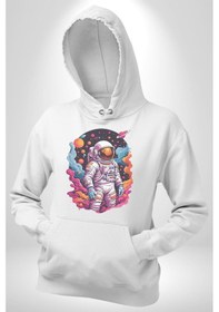 Resim Ay Mars Astronot Kadın Erkek Beyaz Kapüşonlu Sweatshirt Hoodie Beyaz 