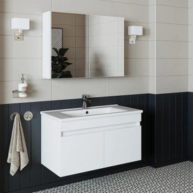 Resim Roomart Al3 Ayaksız 2 Kapaklı Lavabolu Mdf 100 Cm Banyo Dolabı Aynalı Üst Dolabı Mat Beyaz 