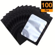 Resim 100 Paket Siyah Kendinden Kapama Fermuarlı Çantalar, Mat Pencere ile, Tekrar Kullanılabilir PE Malzeme, Takı, Dudak Parlatıcısı, Kirpikler, Telefon Kılıfları, Anahtarlık Paketleme 