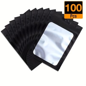 Resim 100 Paket Siyah Kendinden Kapama Fermuarlı Çantalar, Mat Pencere ile, Tekrar Kullanılabilir PE Malzeme, Takı, Dudak Parlatıcısı, Kirpikler, Telefon Kılıfları, Anahtarlık Paketleme 