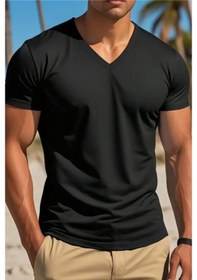 Resim Tarz Cool Erkek Pamuk V Yaka Slim Fit Dar Kesim Tişört Siyah L 