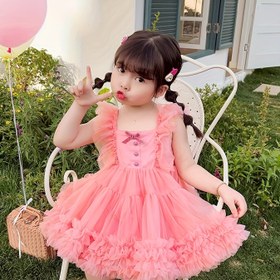 Resim Kızlar için Kolsuz Prenses Elbise - Pembe Volanlı Katlı Etek ile Düğmeli Ön, Diz Boyu Yazlık Günlük Elbise, Doğum Günleri, Günlük Giyim ve Özel Günler için, Kızlar için Elbiseler, Doğum Günü Kıyafeti, Katlı Etek Stili, Dekoratif Düğmeler 