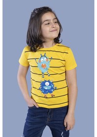 Resim Toontoy Kids Toontoy Erkek Çocuk Çizgili Canavar Baskılı Tişört Sarı 