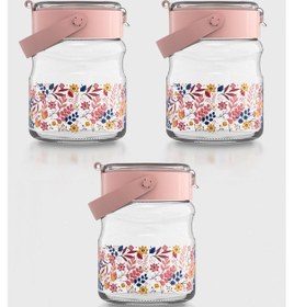 Resim Renga Mono 900 Ml Çiçek Desenli 3'lü Cam Kavanoz Seti 132065 Pembe 