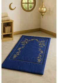 Resim Sahra Mavi Kadife Nakışlı Seccade Süngerli Yumuşak Çeyizlik Hediyelik Bohça Lüks Namazlık Mavi 