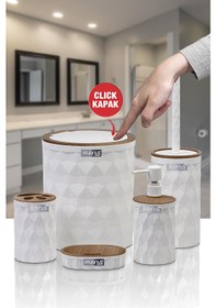 Resim Okyanus Home Diamond Beyaz Ahşap Click Kapak 5'li Banyo Seti 