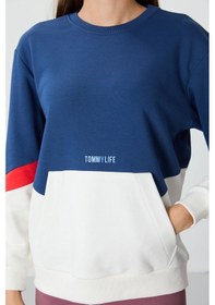 Resim Tommy Life Parlament Kompakt Pamuklu Kalın Pürüzsüz Dokulu O Yaka Oversize Fit Kadın Sweatshirt - 97289 Parlament Mavisi 