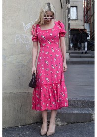 Resim Madmext Pembe Çiçek Desenli Balon Kol Midi Elbise Mg1820-pembe 