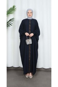 Resim HNT Hayrunnisa Tesettür Yarasa Kol Leopar Taşlı Elbise Lacivert HNT8526 