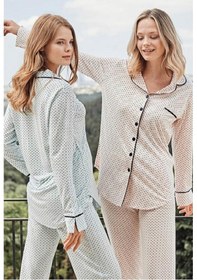 Resim Bone Club 5125 Mavi Noktalı Önden Düğmeli Lohusa Pijama Tk 