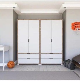 Resim Nisan Açık Ceviz-beyaz 4 Kapılı 4 Çekmeceli Elbise Dolabı - Gardırop Seti Açık Ceviz & Beyaz 