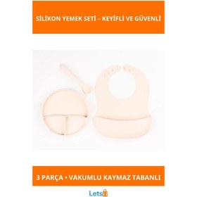 Resim Krem Rengi 3'lü Silikon Bebek Yemek Seti Vakumlu Tabak, Diş Kaşıyıcılı Kaşık, Ayarlanabilir Mama Önl 