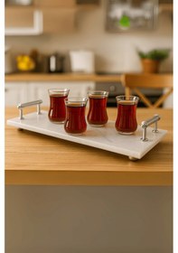 Resim Gümüş Saplı Mermer Çok Amaçlı Sunum Tepsisi - Söz & Nişan Yüzük Tepsisi Beyaz- Altın 