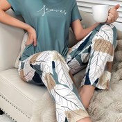 Resim Kadınlar için Şık Yaprak Desenli Pijama Takımı, Polyester Örme Kumaş, Yuvarlak Yaka Kısa Kollu Üst ve Uzun Pantolon Uyku Giysileri Alfabe Desenli Lounge Takımı 
