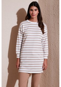 Resim Lela Modest Çizgili Pamuklu Regular Fit Bisiklet Yaka Bayan Tunik 5865784 Bisküvi 