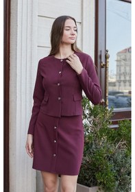 Resim Kadın Hafif Esnek Kumaş Geniş Sıfır Yaka Cep Kapaklı Uzun Kol Dar Kesim Hafif Kısa Blazer Ceket-bordo Bordo 