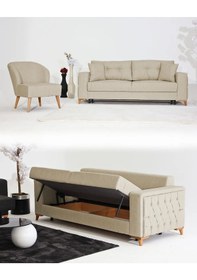 Resim Nola Koltuk Takımı 3+1 & Bazalı Yataklı Koltuk & Kanepe - Keten Açık Krem 