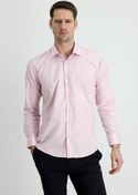 Resim Toz Pembe Uzun Kol Slim Fit Dar Kesim Ekose Pamuklu Gömlek Kigili