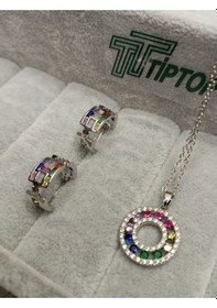 Resim Tiptop/gümüş Renk Zirkon Taşlı Çok Renkli Kolye-küpe Set Çok Renkli 