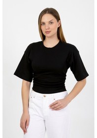 Resim Hdm Kadın Siyah Yanları Büzgülü Kısa Kol T-shirt - H6085 