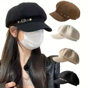 Resim 1 adet Kadın Sekizgen Beret Şapka Ayarlanabilir Kayış & Metal Toka - Geniş Kenar, %100 Polyester, Sadece Elde Yıkama, Bahar/Yaz Modası Aksesuarı Dış Mekan Günlük Kullanım İçin (Siyah/Kahverengi/Bej), Şık Yüz Kapatma, Zarif Detay Tasarımı, Dokulu Kumaş 